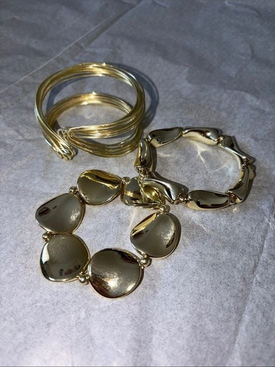 Set of Three Gold Tone Women’s Bracelet Set - Elegant Link & Disc Bangles