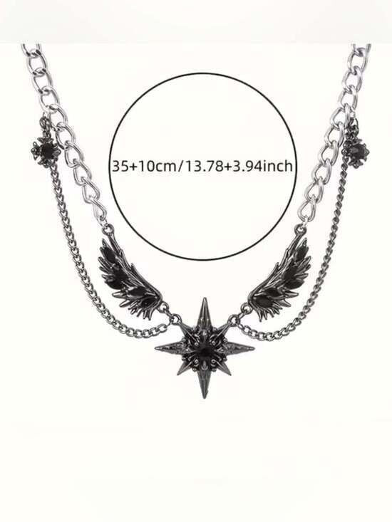 Layered Black Star and Wing Pendant Necklace