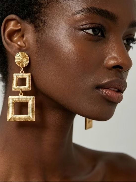Two-Tier Gold Square Drop Earrings - Women Jewelry