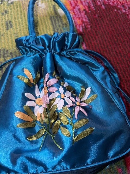 Teal Satin Drawstring Floral Embroidered Women's Handbag