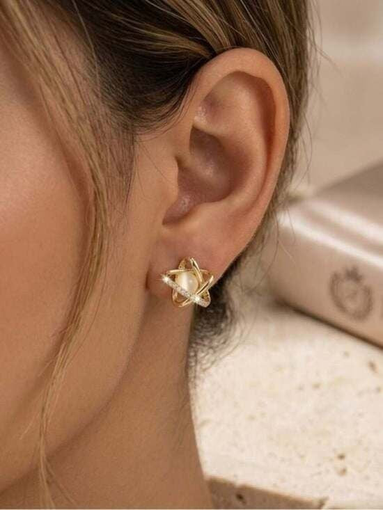 Gold Orbit Pearl Stud Earrings - Women's Gold and Ivory Pearl