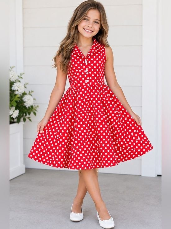 Grace Karin Red & White Polka Dot Sleeveless Fit-and-Flare Dress for Kids 10-11Y