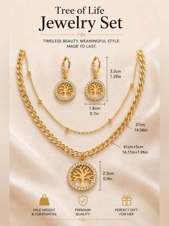Tree of Life Necklace and Earring Set – Gold