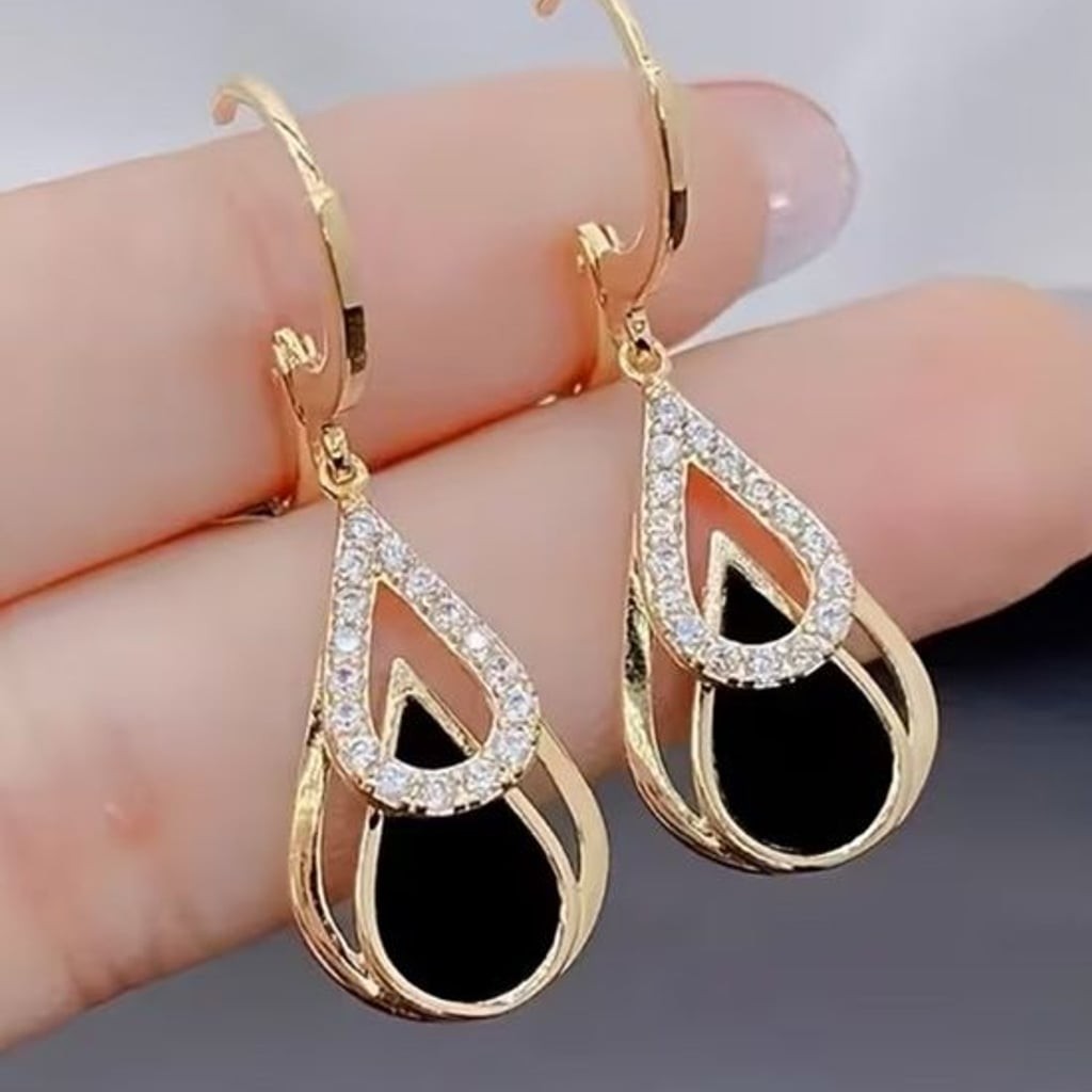 Gold & Black Teardrop Crystal Hoop Earrings