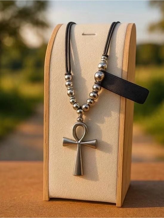 Black Leather Cord Necklace with Silver Ankh and Bead Accents