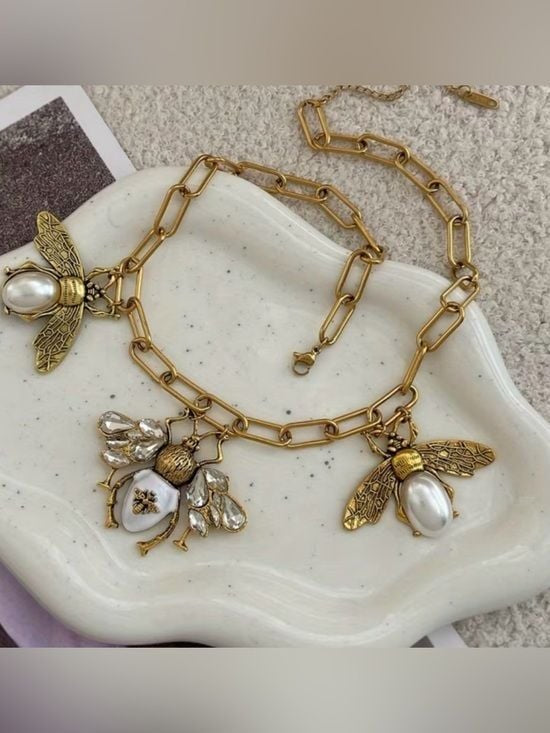 Gold Bee Pendant Necklace with White Pearl and Crystal Accents