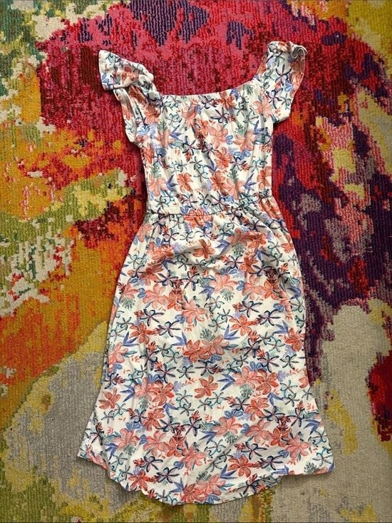 Girls Floral High-Low One-Piece Dress in White with Pink & Blue Flowers
