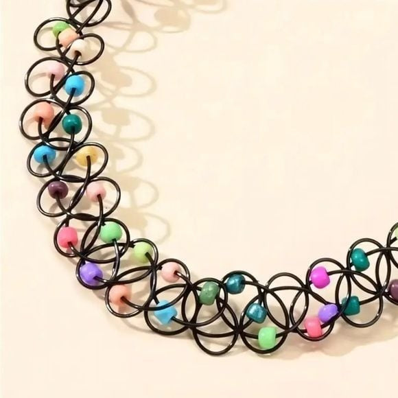 90s Retro Vibe Elastic Black Choker Beaded Colorful Necklace