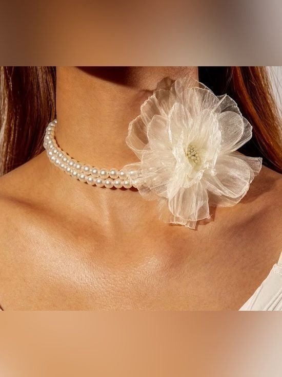 Ivory Double-Strand Pearl Choker with Organza Flower