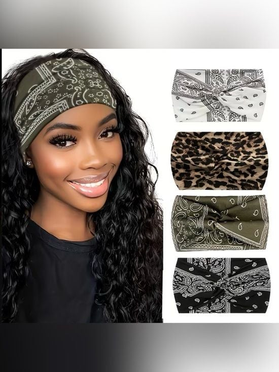 Bandana-Print Olive Stretch Headband - 4-Pack Fashion Set