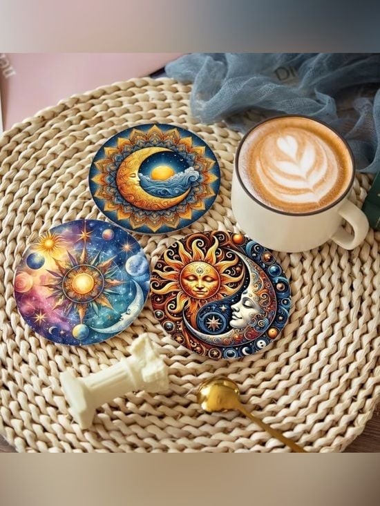 8 Piece Celestial Sun & Moon Round Drink Coasters – Multicolor Set