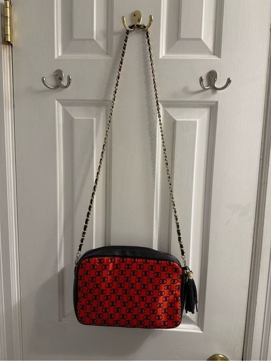 Black & Red Chain Shoulder Bag with Logo Print