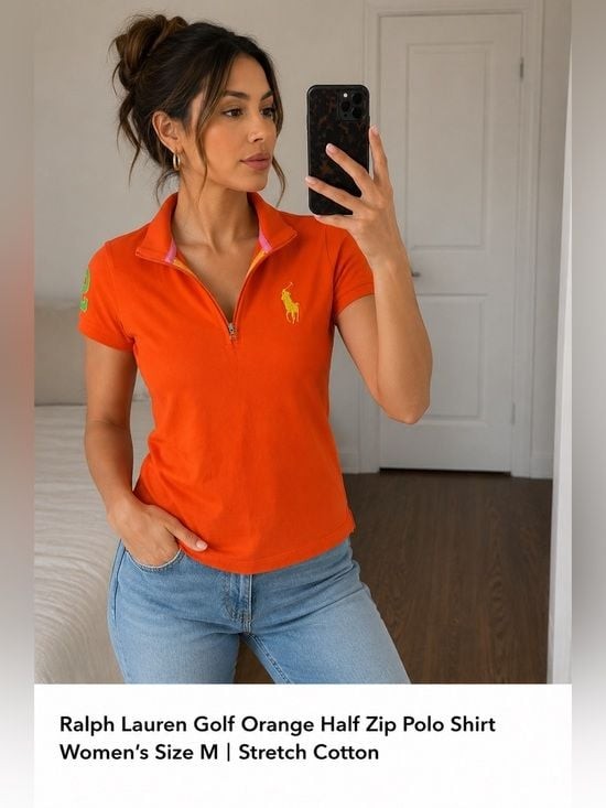 Stretch Cotton Short Sleeve Ralph Lauren Golf Orange Half Zip Polo Shirt Medium