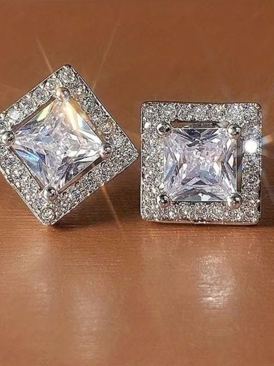 Unisex Square Halo Cubic Zirconia Stud Earrings - Silver Tone