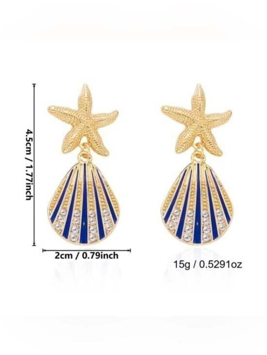 Vacation Themed Gold Blue Shell Earrings with Blue Enamel Shells
