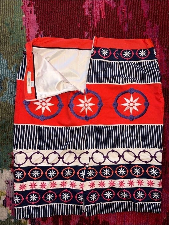 Boden Red, Navy and Cream Patterned Midi Skirt