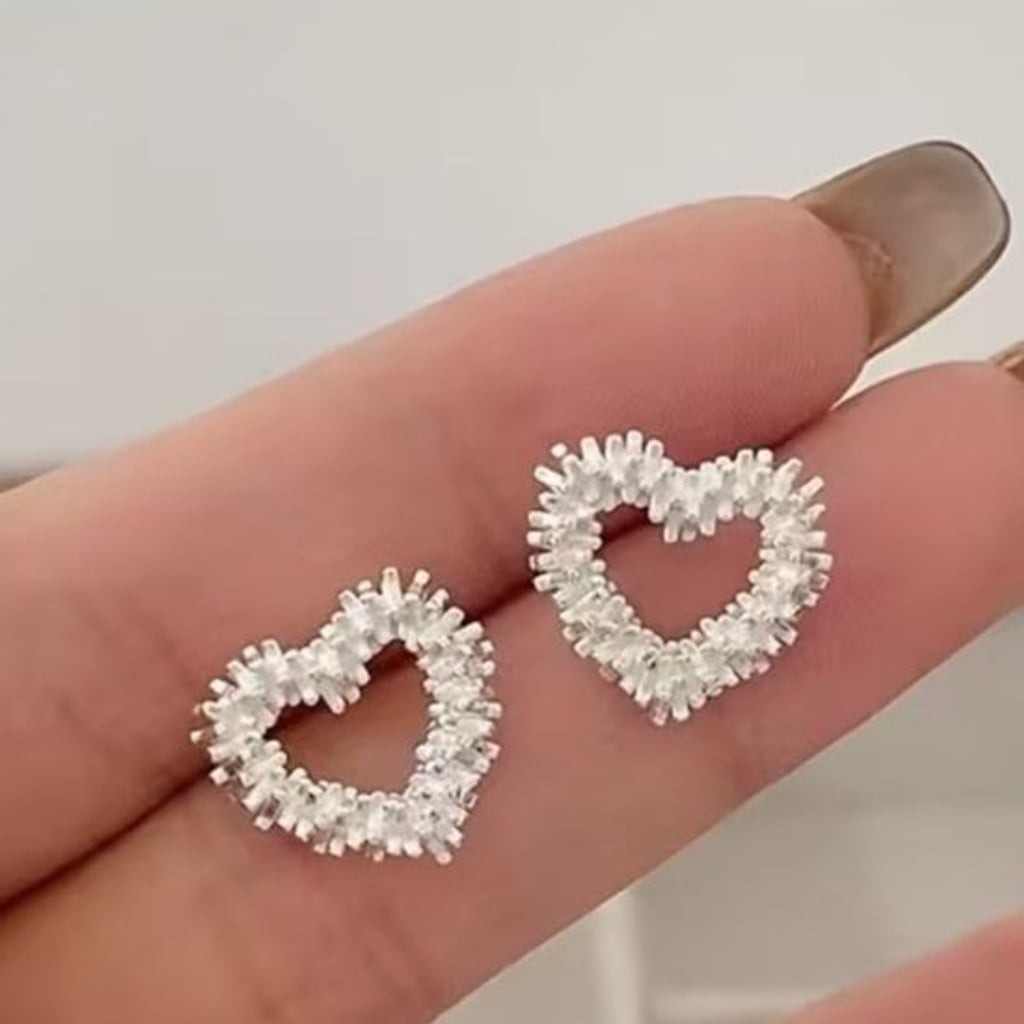 Dazzling Heart Cluster Stud Earrings - Silver Tone