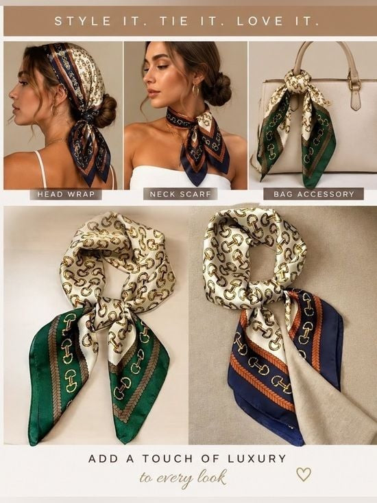 Silk Chain-Print Head Wrap in Cream & Green