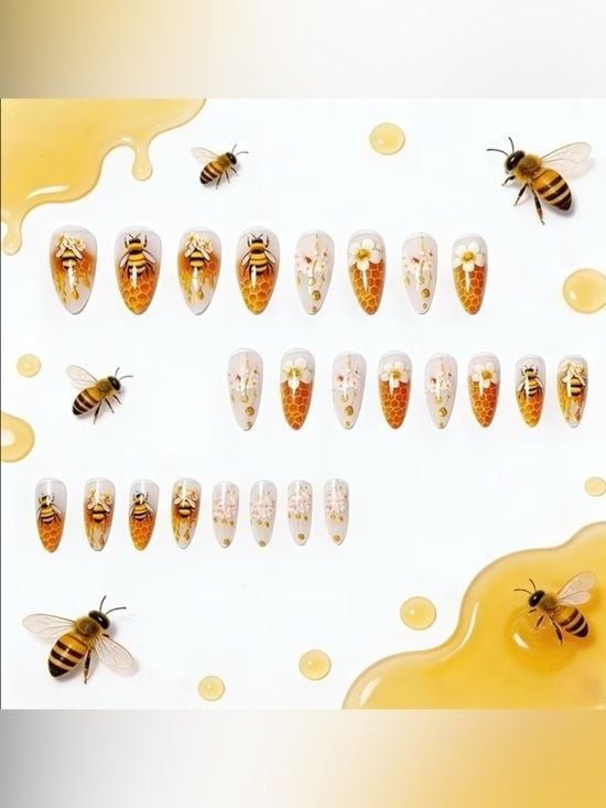 Bee Honeycomb Press-On Nails - Yellow & White Floral Set