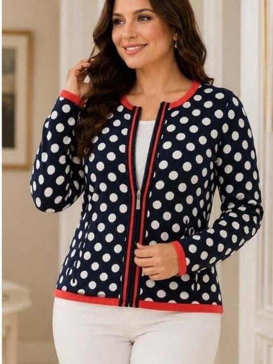 Kris Cassia Navy and White Polka Dot Zip Jacket with Coral Trim Small