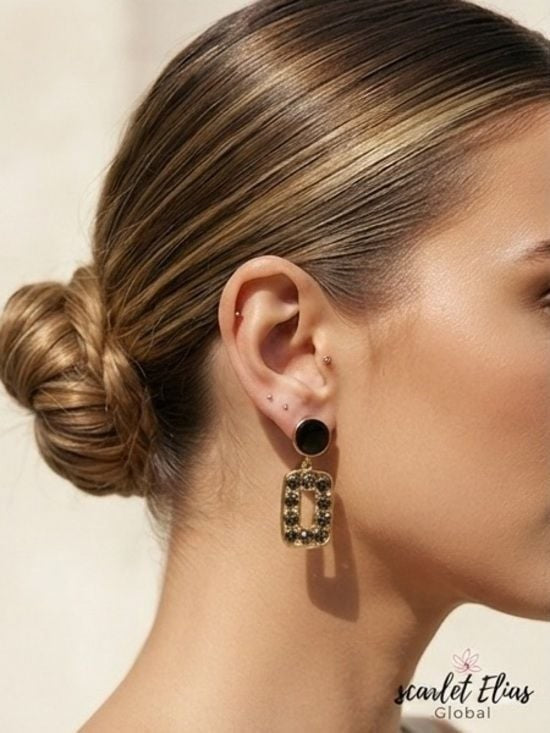NWT Luxe Gold Dangle Earrings with Black Statement Gems