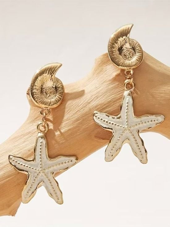 Gold and White Starfish Drop Earrings for Women