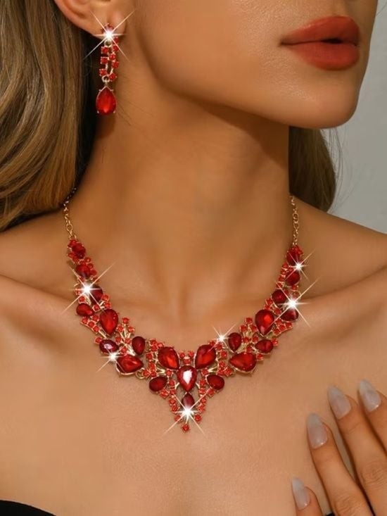 Gold-Tone Red Crystal Statement Necklace with Matching Earrings