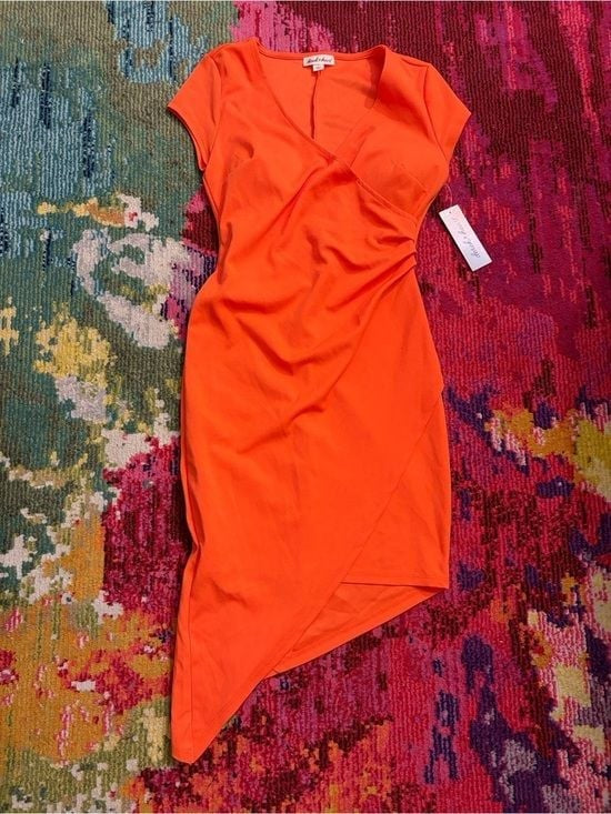 Derek Heart Bright Orange Asymmetrical Surplice Dress Small