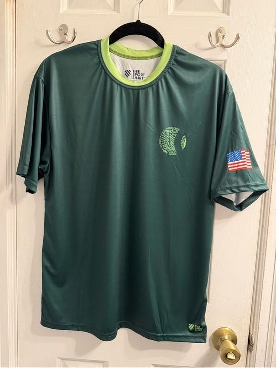 Unisex Dark Green Short-Sleeve Performance Shirt with Lime Flag Graphic