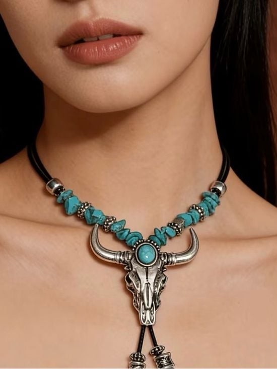 Turquoise Bead Bull Skull Choker Necklace - Women Jewelry