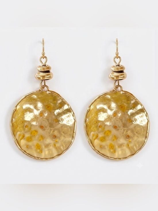Hammered Gold Disc Drop Earrings - Women Jewelry