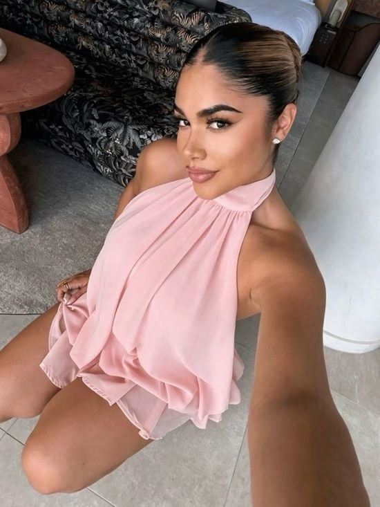 High-Neck Pink Mini Dress - Elegant Halter Mini Small