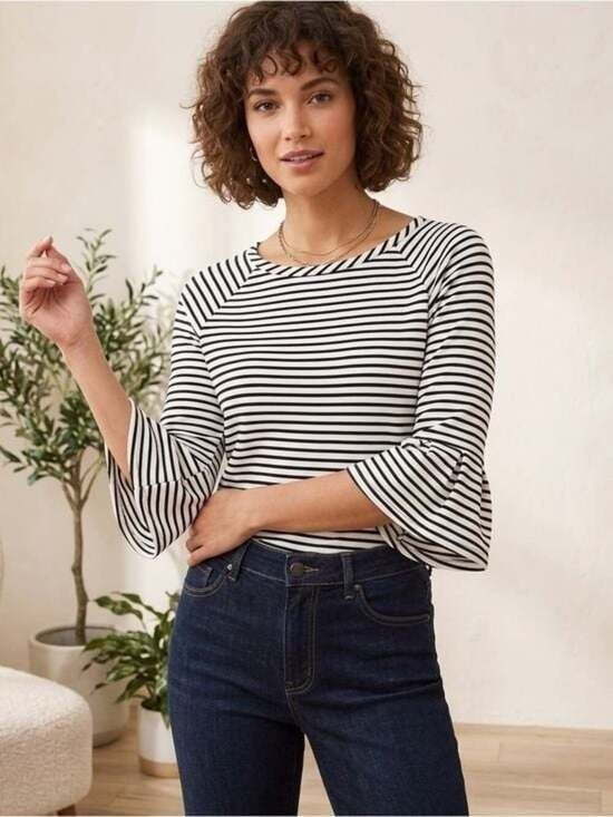 Rafaella Black White Striped Boatneck Bell Sleeve Blouse Top Sz L Small