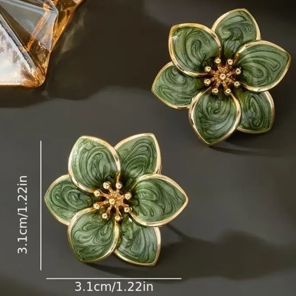 Green Floral Gold-Trim Stud Earrings - Women Jewelry