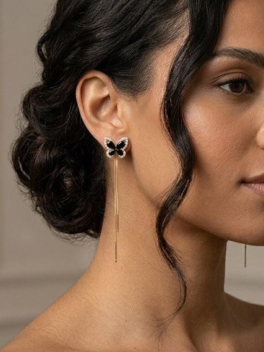 Black Enamel Butterfly Long Tassel Gold Accent Earrings