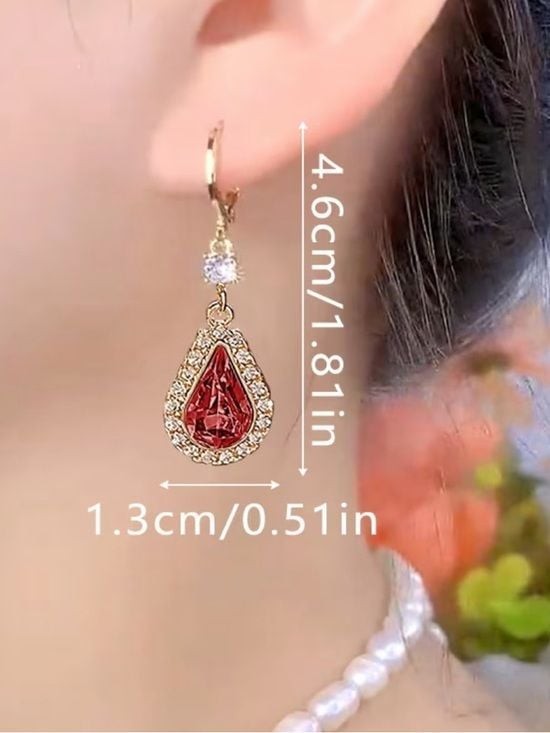 Gold Teardrop Red Crystal Dangle Earrings - Women Jewelry