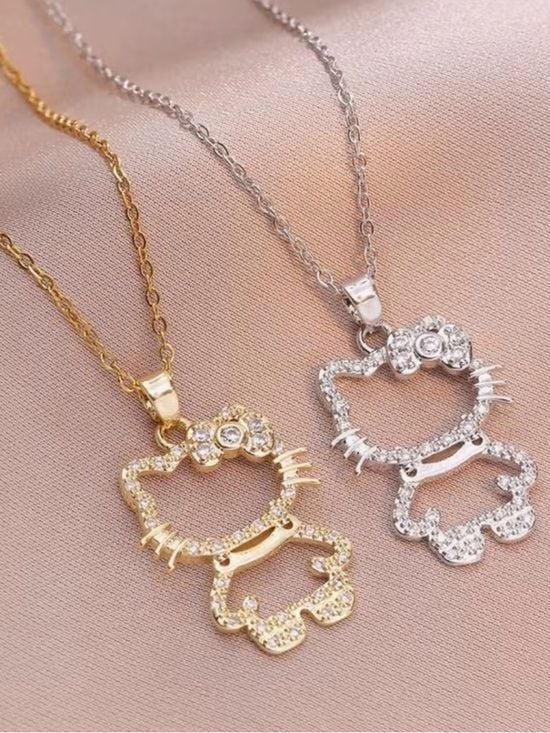 2 x Hello Kitty Crystal Pendant Necklace - Gold and Silver