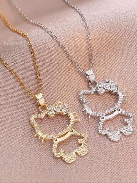 2 x Hello Kitty Crystal Pendant Necklace - Gold and Silver