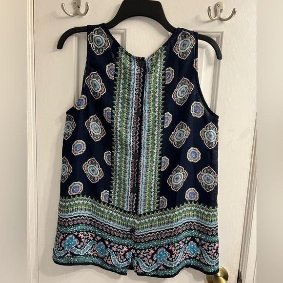 CYNTHIA ROWEY Elegant Open Back Tribal Print Summer Tank Blouse Sz Medium