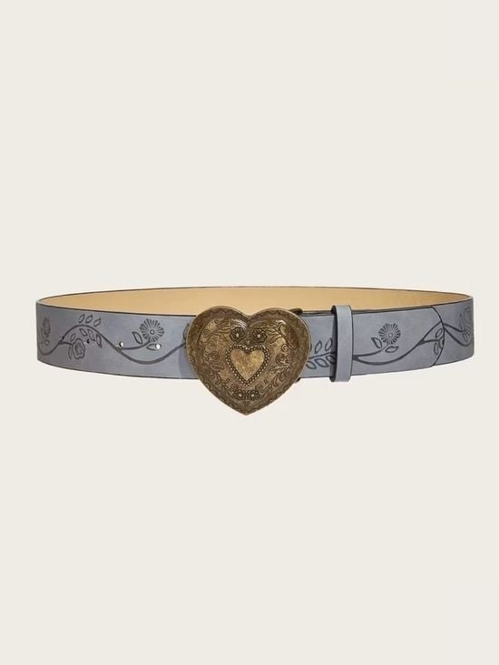 Heart Buckle Embossed Leather Waist Belt in Grey Medium