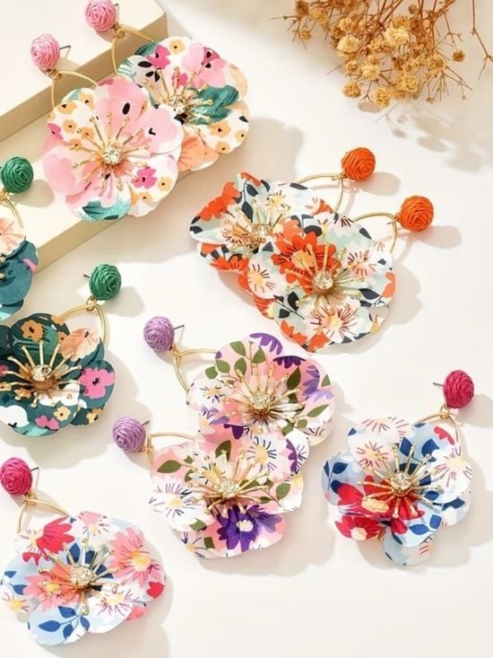 Floral Pink & Purple Statement Drop Earrings