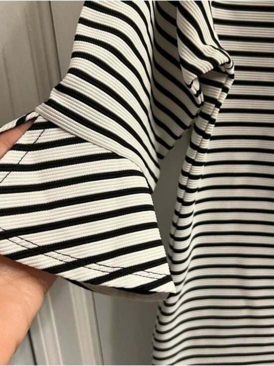 Rafaella Black White Striped Boatneck Bell Sleeve Blouse Top Sz L Small