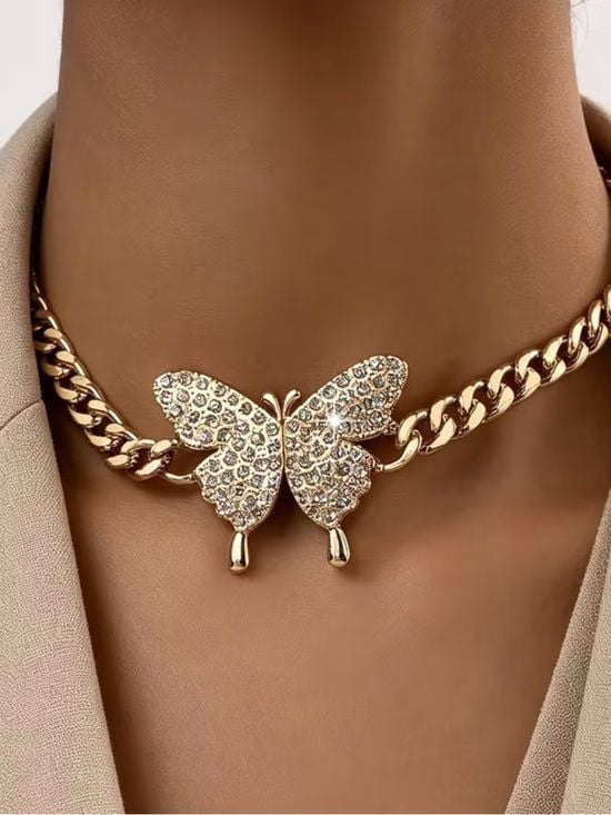 Gold Crystal Butterfly Choker Necklace