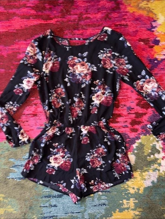one clothing Black Floral Romper with Burgundy and Cream Roses