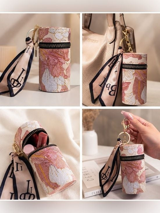 Pink Gold Cylinder Zipper Keychain Pouch Coin Purse Keychain