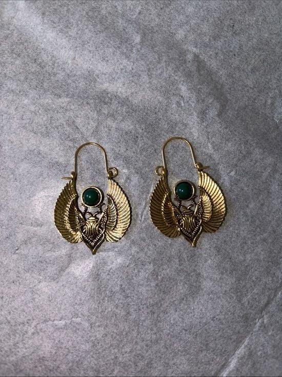 Gold Winged Scarab Earrings with Green Gemstone - Women Jewelry
