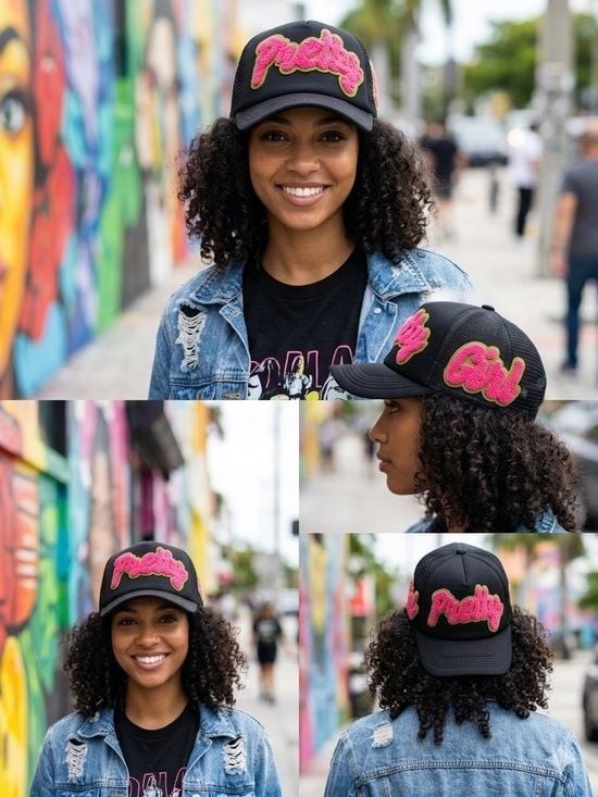 Custom Hat - Women's Black Trucker Hat with Pink Fuzzy Script Patch