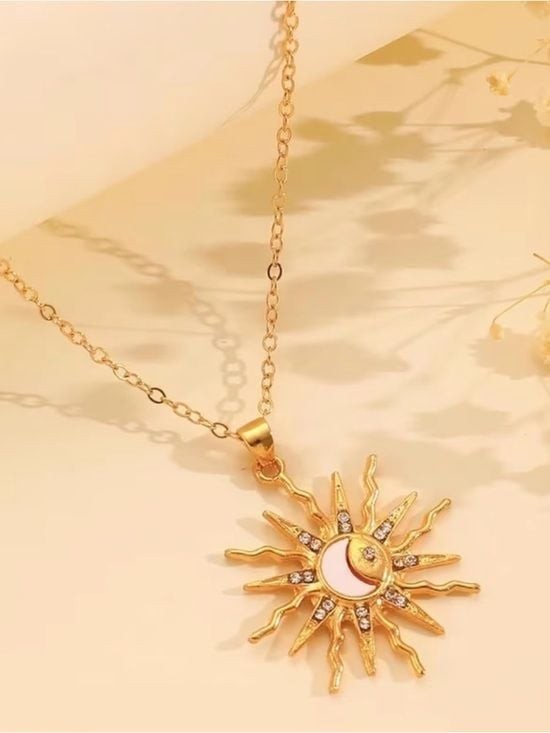 Gold Sun & Crescent Moon Pendant Necklace with Mother-of-Pearl Accent