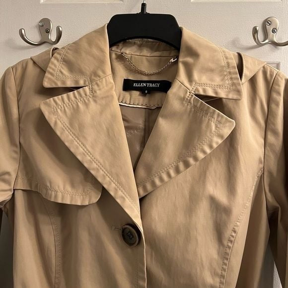 ELLEN TRACY Shirt Khaki Belted Hooded Trench Coat Sz Small