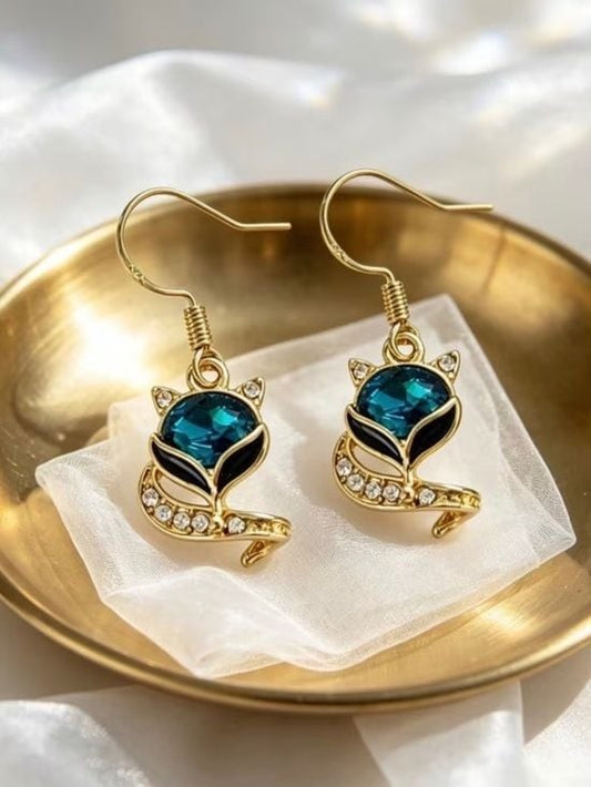 Gold-Plated Teal Crystal Fox Dangle Earrings